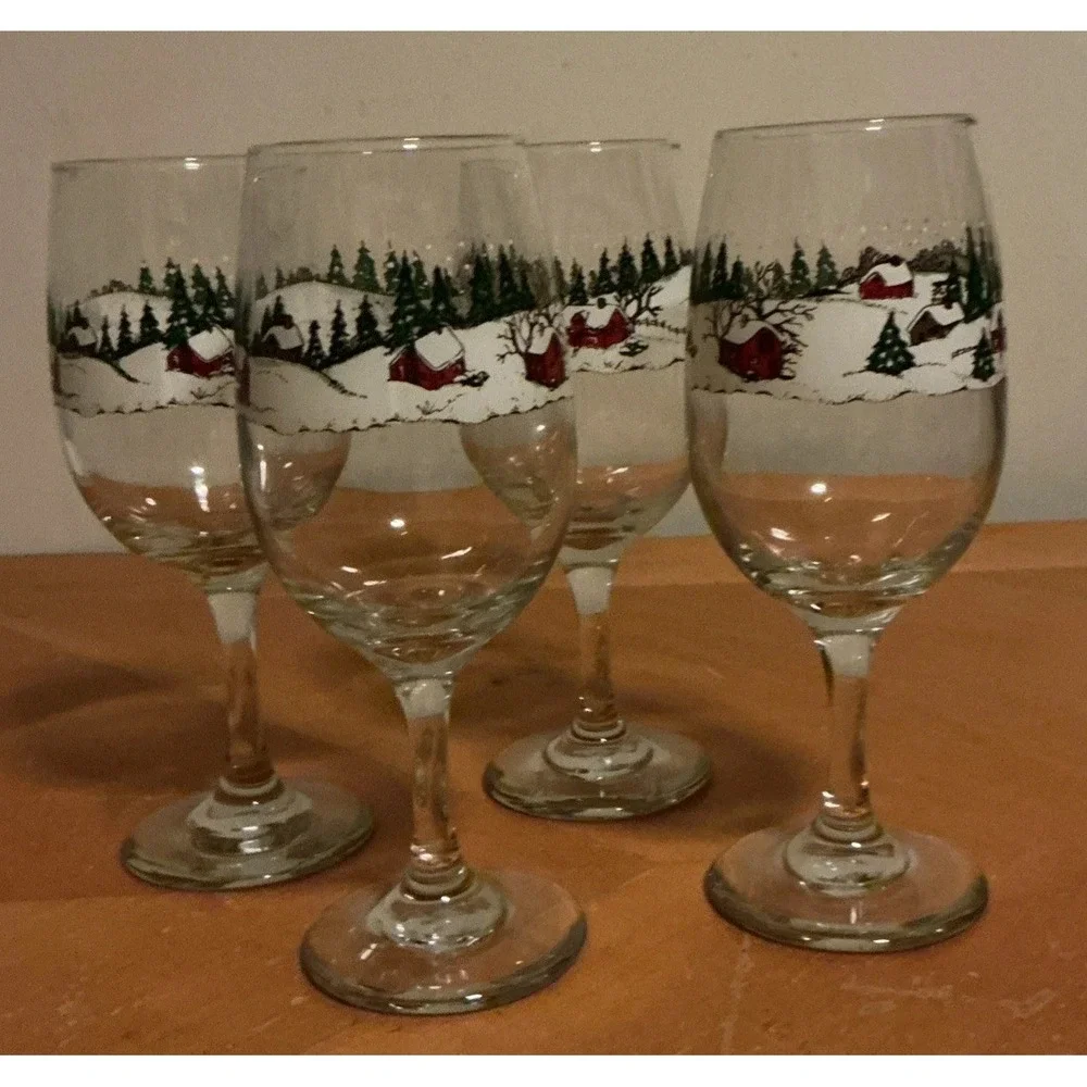 Libbey  Christmas Wine‎ Glass Winter Snow Scene Set Of 4 Vintage-